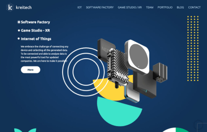 Part of the KREITECH website detailing their 'nternet of Things services. The visual includes a 3D composition of IoT devices interconnected with flowing data lines against a navy background. Graphical elements, including circles and abstract shapes in yellow and aqua, enhance the sense of a networked, smart technology environment. The text underscores kreitech's commitment to connecting and analyzing data for innovative and powerful IoT solutions.