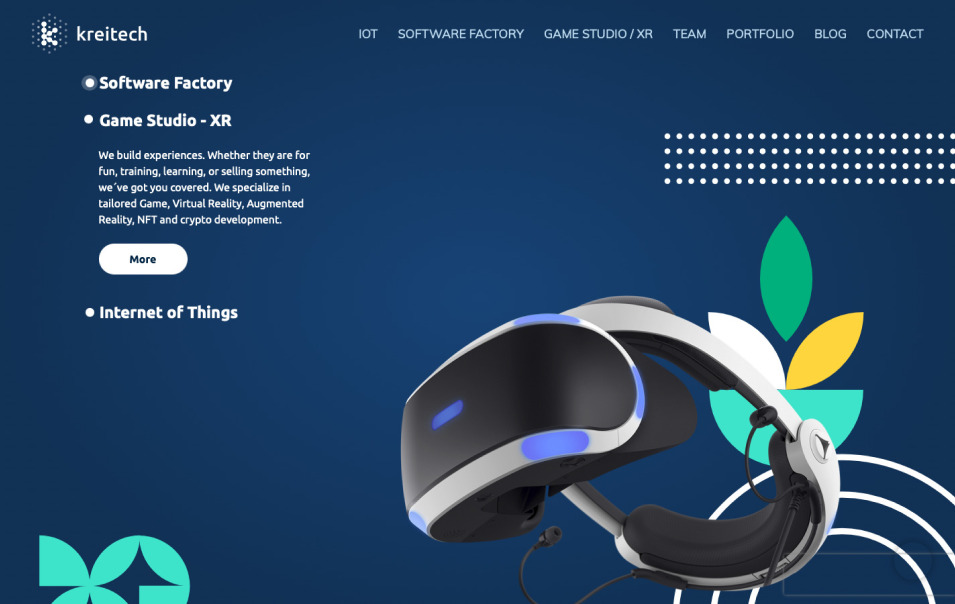 Screenshot from the "Kreitech" website showcasing their 'Software Factory' and 'Game Studio - XR' services. The page features a modern, sleek virtual reality headset against a deep blue background with abstract white and green graphics, symbolizing innovation and advanced technology. The section highlights their expertise in creating experiences for gaming, virtual reality, augmented reality, NFT, and crypto development.