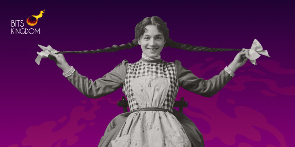 A vintage black and white photograph of a joyful woman with her hair in long braids, each held out to her sides, against a purple backdrop with wisps of cloud-like illustrations. The logo 'BITS KINGDOM' with a small fiery emblem sits in the upper left corner, evoking a sense of nostalgia and happiness linked to the article's theme of creating a "Happy Place" for workplace wellbeing.