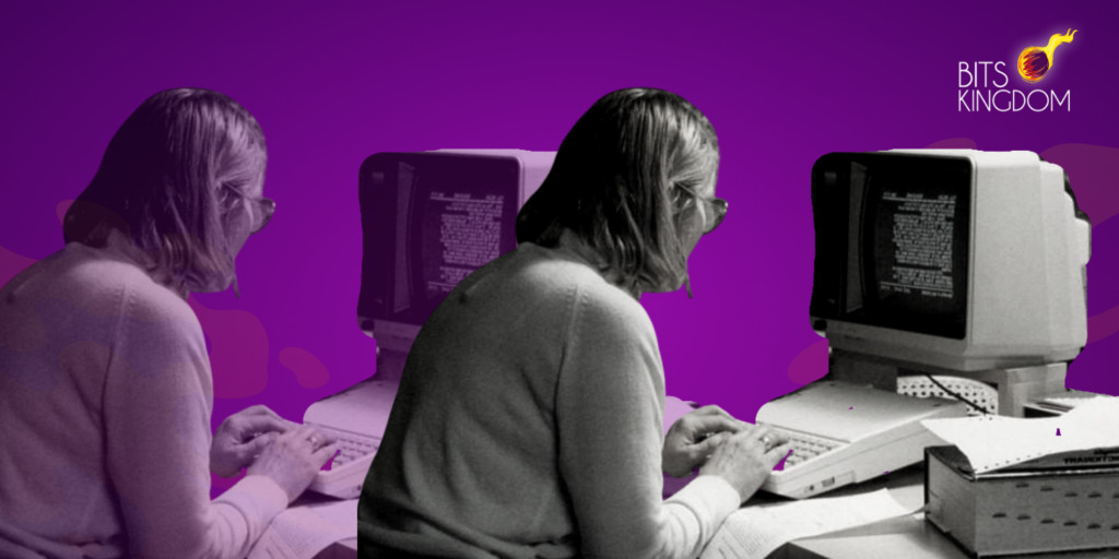 A stylized image featuring two women focused on coding on vintage computers, set against a vivid purple background with abstract shapes. The black and white photograph of the coders suggests a historical look at the early days of computer programming. The "BITS KINGDOM" logo is present, implying a connection between the pioneering past and the digital today the company represents.