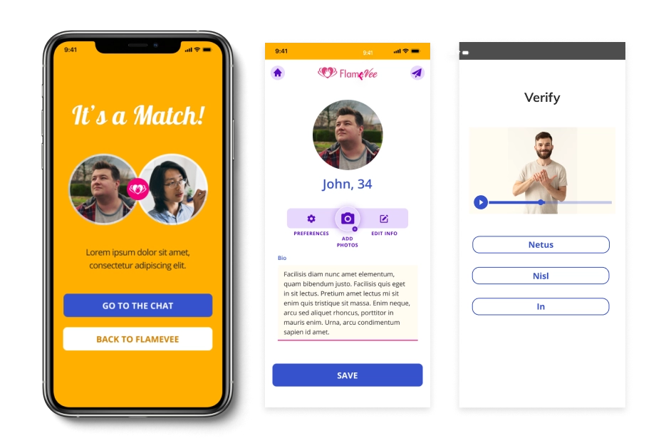 Three smartphone screens displaying a dating app prototype called "Flamevee", designed to connect the deaf community. The first screen shows a 'It's a Match!' notification with profile pictures, the second screen displays a user profile with preferences and photo options, and the third screen features a verification process with a video of a man signing. The vibrant and user-friendly interface highlights the app's innovative approach to fostering connections.