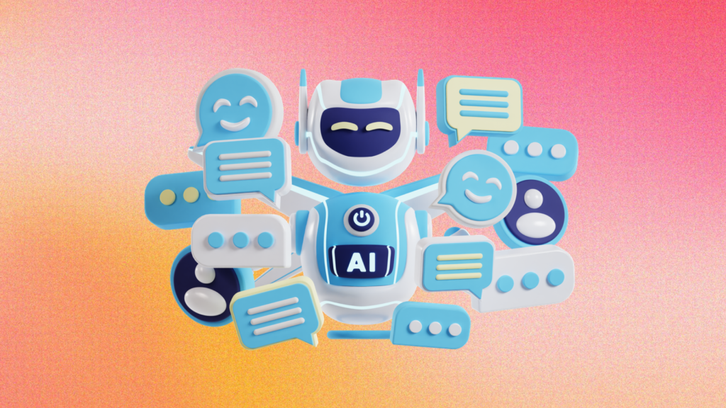 an illustrative image showing an AI robot and bubbles speech representing the writer 