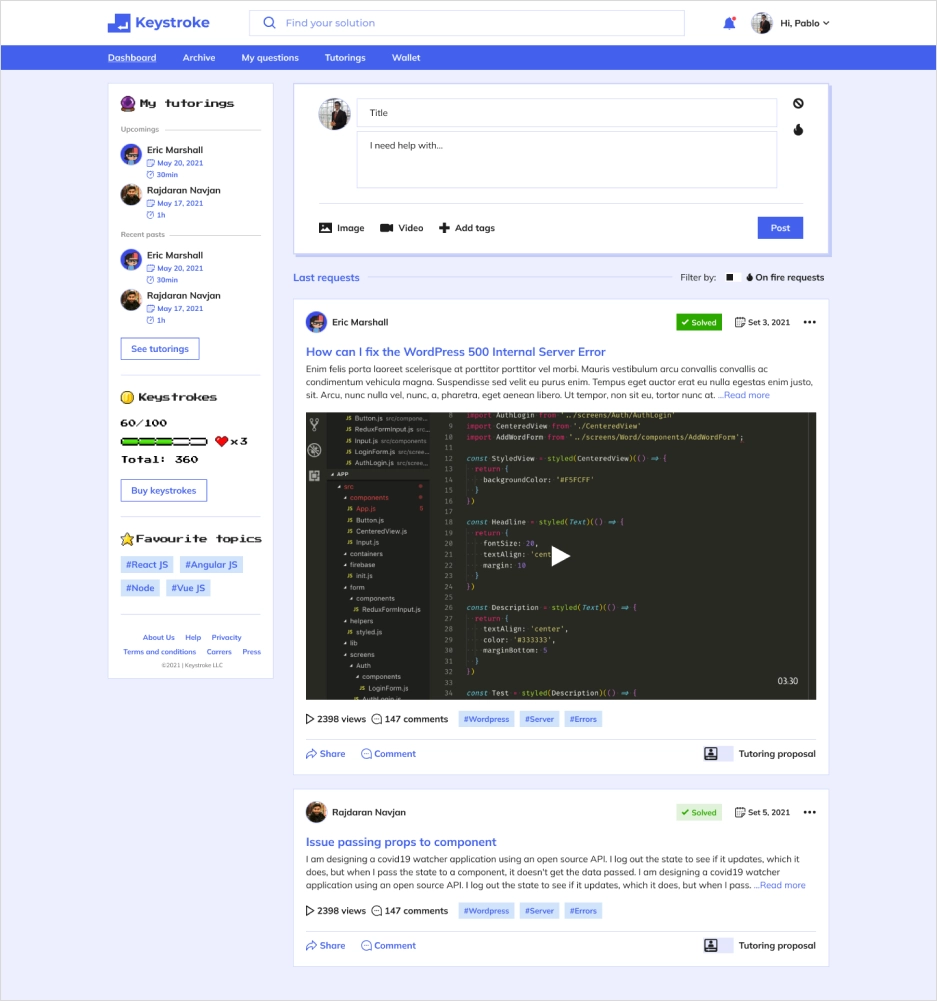 Screenshot of Keystroke's user interface showcasing the 'My questions' tab with upcoming tutorings listed and a sidebar featuring 'Favourite topics' like ReactJS and AngularJS. The main panel displays a resolved coding query about a WordPress 500 Internal Server Error, including code snippets and user interactions with views and comments.