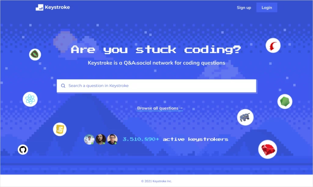 Homepage screenshot of Keystroke, a Q&A social network for coding questions. It features a deep blue pixelated background with the central query, 'Are you stuck coding?' and a search bar for questions. There are various coding-related icons and a statistic highlighting '3,510,890+ active keystrokers' displayed prominently.