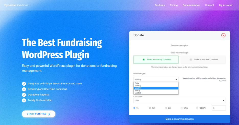 Screenshot of the Dynamic Donations website promoting their WordPress plugin for fundraising. It highlights features like Stripe and WooCommerce integration, recurring and one-time donations, donation reports, and customization. The right side shows the donation interface with options for donation type, frequency, amount, and currency. The background features a blue to purple gradient.