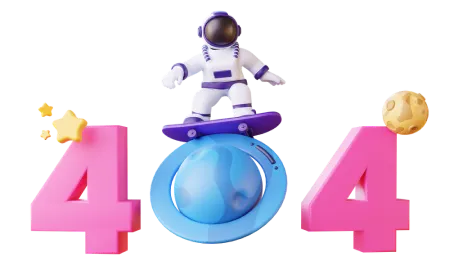 404 error illustration with an astronaut on a skateboard balanced on a glowing planet