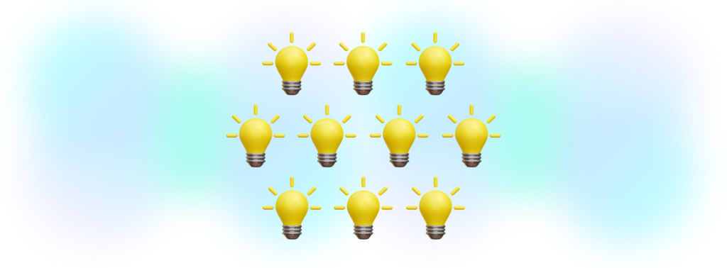 A creative arrangement of nine glowing yellow light bulbs in a grid pattern on a soft blue gradient background, symbolizing innovative ideas for small businesses. Each bulb has rays emanating from it, illustrating the concept of bright ideas and inspiration.