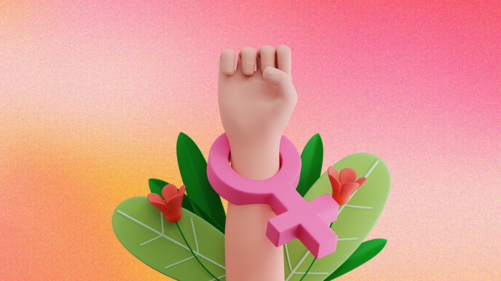 A raised fist symbolizing empowerment and solidarity, wrapped in a pink ribbon, set against a gradient pink and orange background. The ribbon represents the fight against gender gap. Surrounding the fist are stylized green leaves and red tulips, adding a touch of nature to the image's theme of strength and hope.