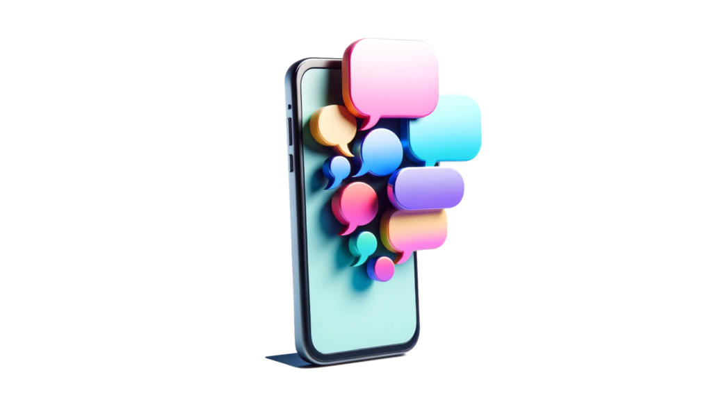 A smartphone with a variety of colorful, semi-transparent chat bubbles in shades of pink, blue, purple, and orange seemingly popping out of the screen, symbolizing AI tools and their use on UX/UI design