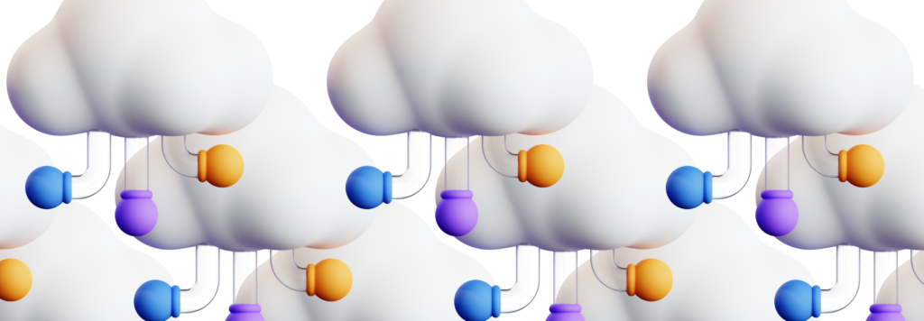 Abstract composition of interconnected white cloud-like shapes with blue, purple, and orange spherical elements, depicting a network of business through a website