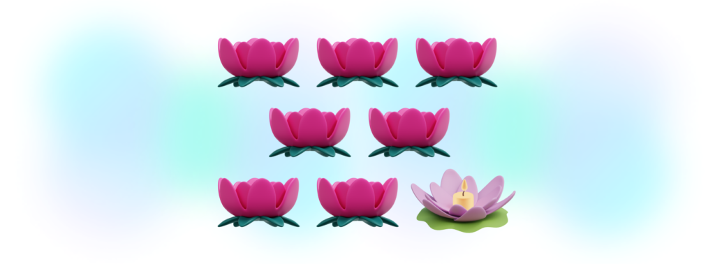 A array of stylized pink lotus flowers against a soft blue gradient background. Eight flowers are uniformly arranged in two rows, with the central flower in the bottom row transformed into a gentle purple hue cradling a glowing candle, symbolizing wellness.