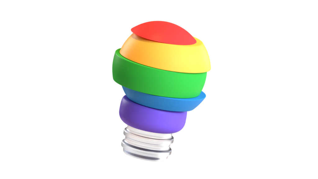 A 3D illustration of a light bulb constructed from colorful, overlapping segments in red, yellow, green, blue, and purple. This image symbolizes the creative and multifaceted approach to web development, where aesthetics and functionality seamlessly merge to create engaging and effective digital solutions.