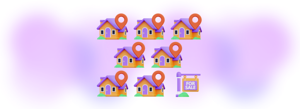 Illustration of three rows of colorful cartoon houses with orange location pins on their roofs, against a gradient purple background. The last house on the right side features a "For Sale" sign, representing real estate availability and location services.