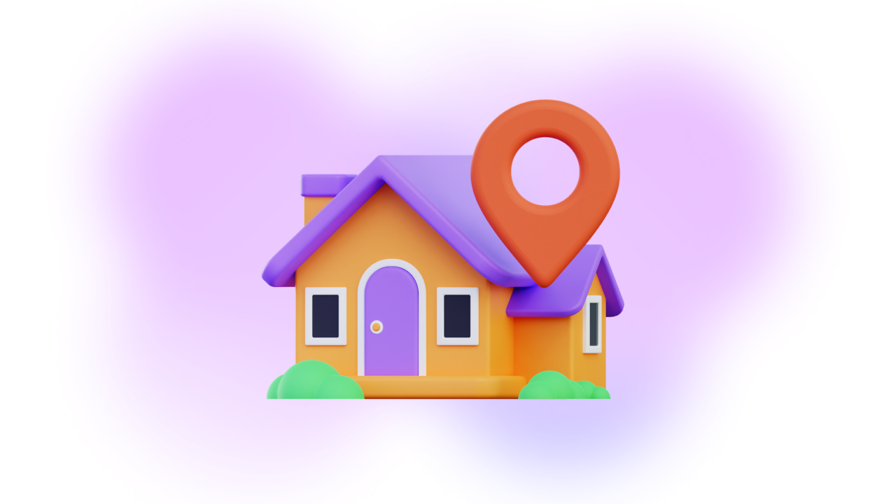 A single vibrant cartoon house with an orange location pin on the roof and lush green bushes on either side, set against a pastel purple backdrop, symbolizing the integration of business process management (BPM) in real estate for pinpointing properties.