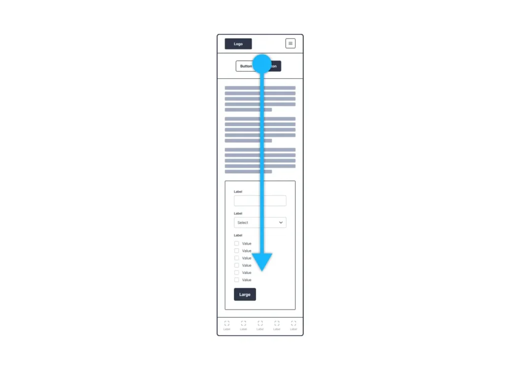 Schematic of a mobile web design layout with a long vertical blue arrow pointing downwards, representing the vertical scroll and design flow on mobile devices for a user-friendly experience.