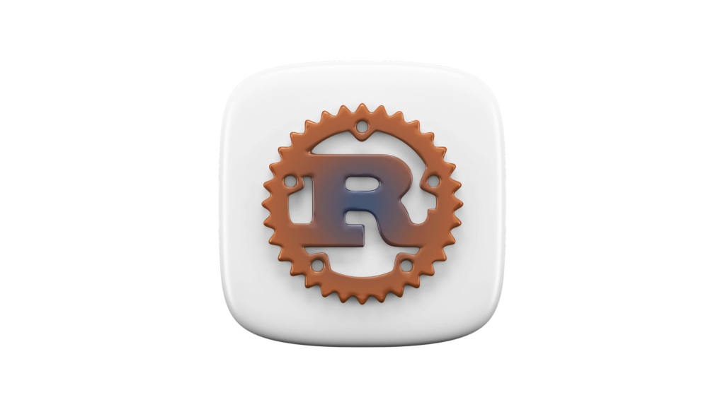 Rust and web apps Illustration: A 3D rendering of a gear-shaped logo featuring the letter 'R' in the center, crafted in brown against a white background. The design subtly symbolizes the Rust programming language, renowned for its performance and reliability.