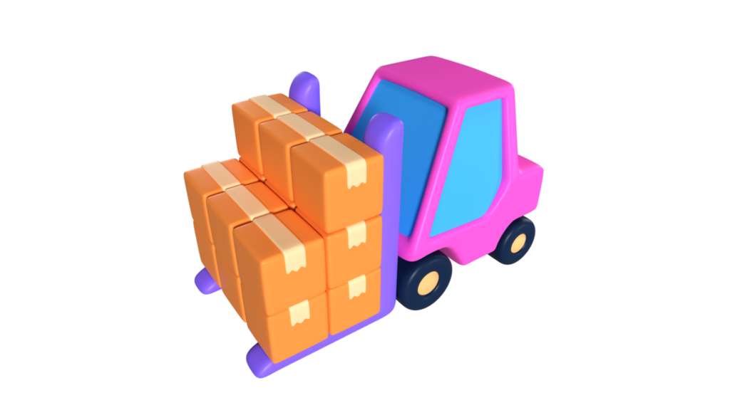 A vibrant 3D illustration of a stylized delivery truck in pink and blue, loaded with multiple orange packages, representing the efficiency and scalability of e-commerce websites for small business logistics and delivery services. The cartoonish design emphasizes the playful and accessible nature of online shopping platforms.