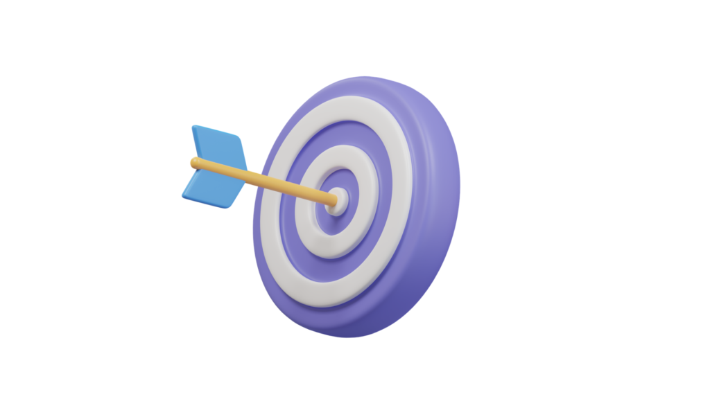 A 3D illustration of a purple and white target with a blue arrow hitting the bullseye. This image symbolizes precision and achieving goals, aligning with the article's theme of determining the right type of website for specific needs and objectives.
