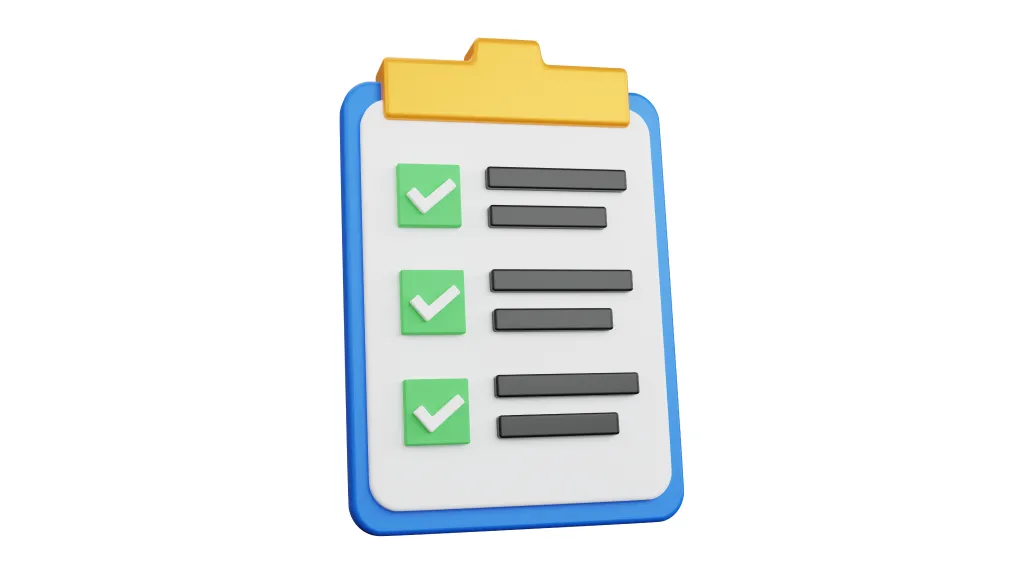 3D illustration of a clipboard with a checklist. The clipboard has three green checkmarks next to completed items, representing organization and task management, relevant to UX design processes.