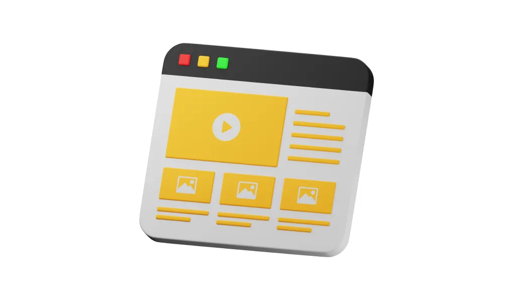3D illustration of a webpage layout with a yellow play button, image placeholders, and text lines. This image represents visual and functional elements in UX design for creating engaging user interfaces.