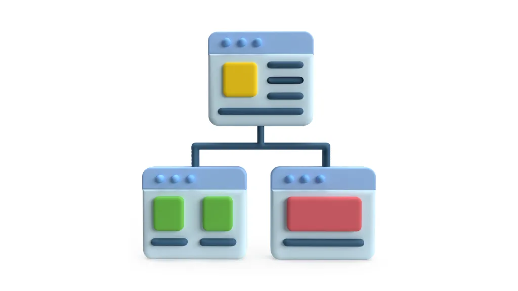 3D illustration of a website hierarchy, showing a top-level page connected to two sub-pages. This image symbolizes structured design and navigation in web development, crucial for effective UX design.