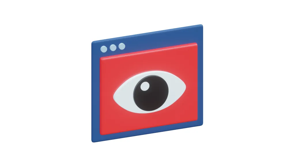 3D illustration of a web browser window with a large eye icon. This image symbolizes user experience (UX) design, focusing on usability and user-centric design principles.