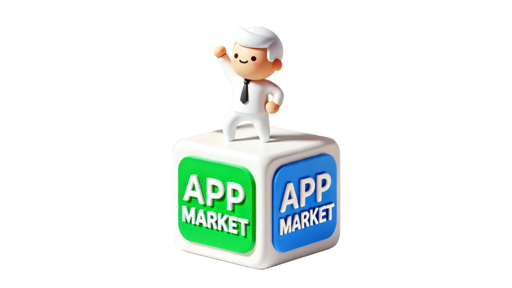 A 3D illustration of a cheerful, cartoonish businessman with gray hair, wearing a white shirt and black tie, standing triumphantly on top of a large cube. The cube features the words "APP MARKET" on its visible green and blue sides, symbolizing the app market space. This image visually represents the article's focus on navigating and succeeding in the app market.