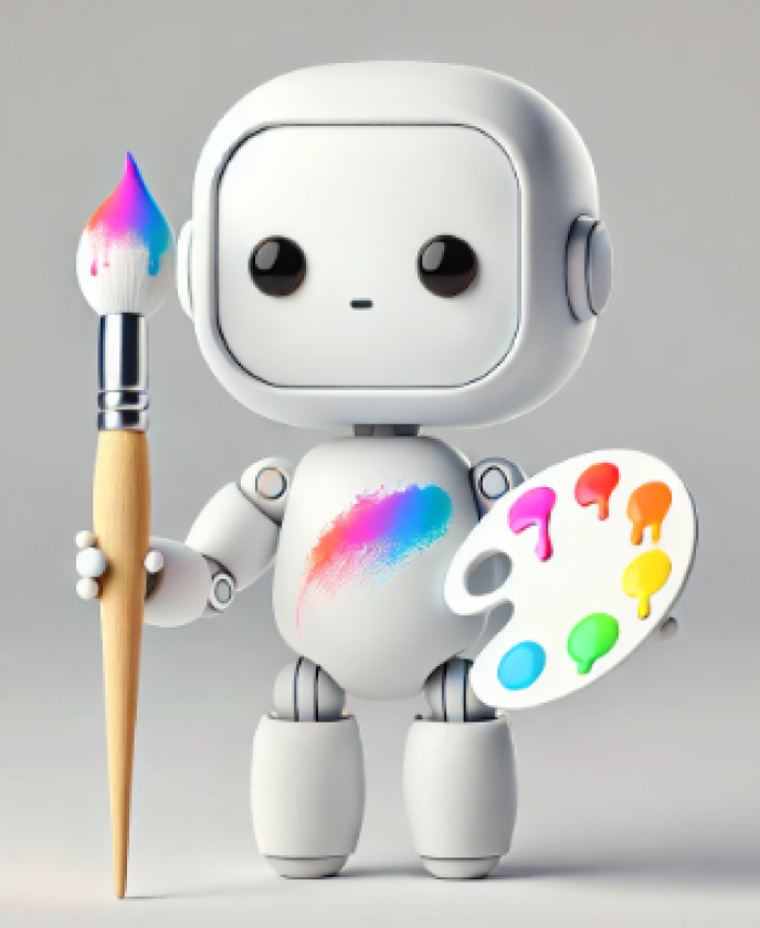 A 3D illustration of a cute AI robot holding a large paintbrush with a rainbow-colored tip in one hand and a paint palette with various bright colors in the other. The robot, designed with expressive black eyes, has a splash of rainbow paint on its chest, symbolizing creativity. 