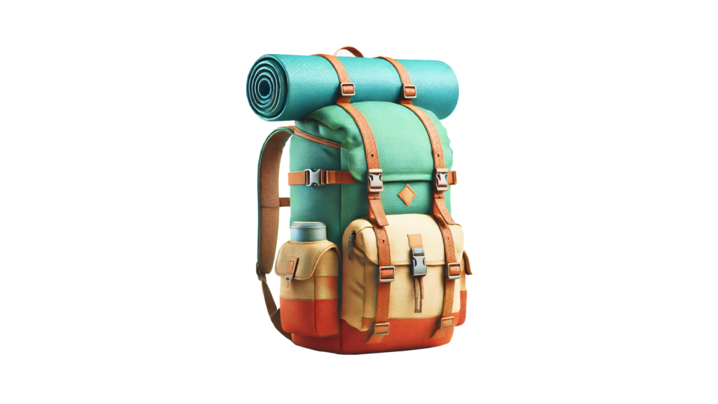 A well-equipped hiking backpack with a rolled-up mat on top, symbolizing preparedness and versatility. The image represents the solid foundation and essential tools React provides for app development, making it a reliable choice for building robust applications.