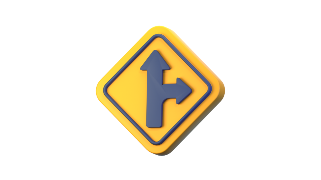 A yellow road sign with arrows pointing straight and right, symbolizing the different paths you can take in app development: Native, Cross-Platform, or Web. The image represents making a strategic choice about the best direction for your app's development.