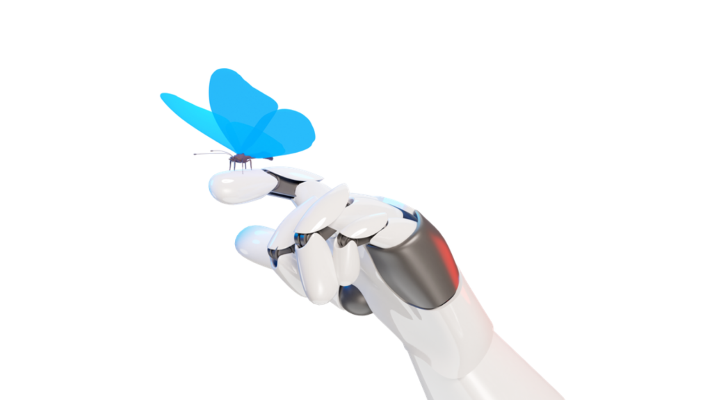 A sleek white robotic hand gently holds a vibrant blue butterfly, symbolizing the delicate balance between technology and nature. The image evokes themes of artificial intelligence, innovation, and the intersection of man-made creations with natural beauty.