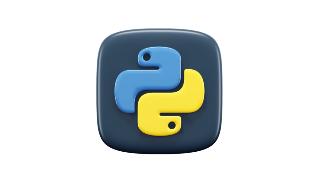 Python programming language logo: stylized blue and yellow snakes on a dark background.