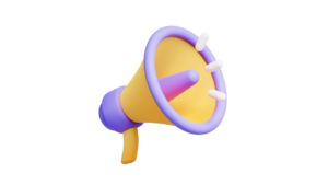 The image shows a stylized 3D megaphone with a yellow body and a purple rim, handle, and inner horn. It has a playful, cartoonish design, with three white sound indicators on the rim, representing the broadcast of a message. The color palette of soft yellows, purples, and pinks gives it a fun and energetic feel, symbolizing communication or announcement.