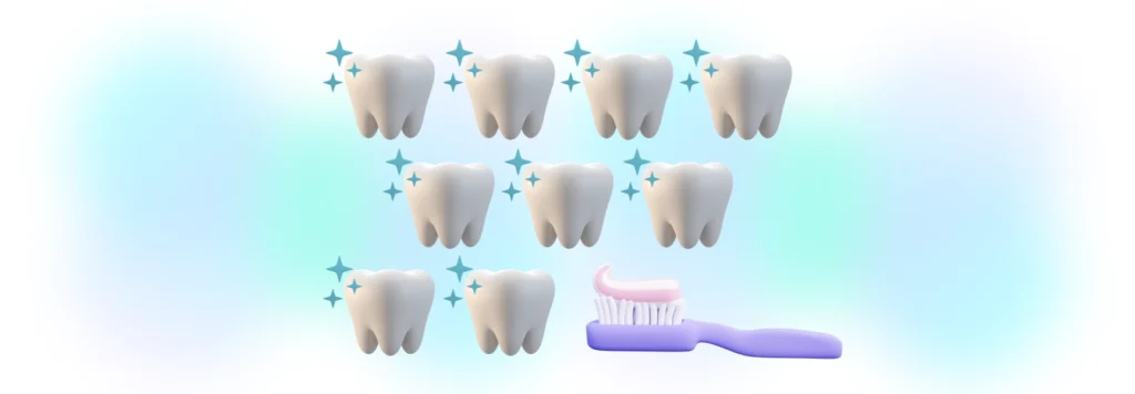 Illustration of a grid of eight sparkling white teeth above a toothbrush with toothpaste, representing dental hygiene and the benefits of regular brushing. The image conveys the importance of oral care for maintaining bright, clean teeth.