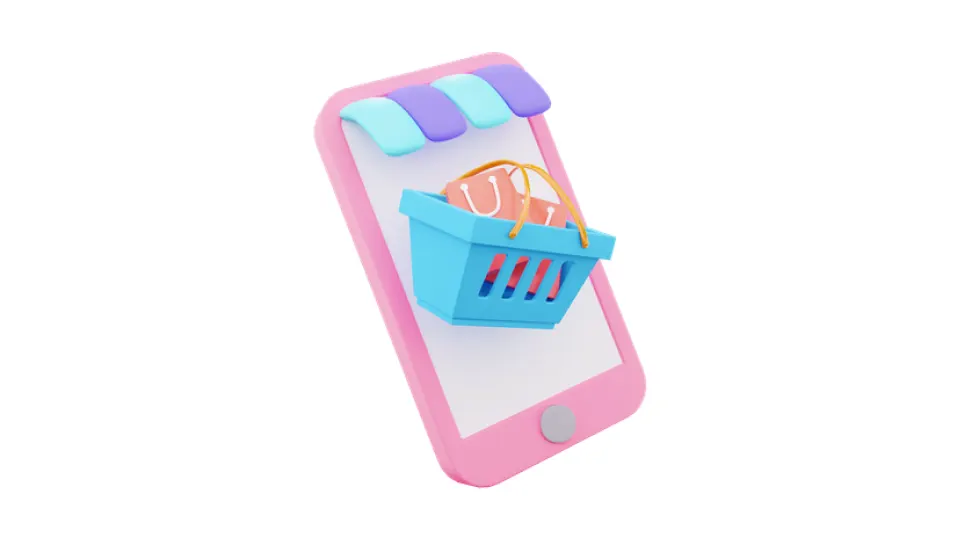 A 3D illustration of a smartphone with a shopping basket emerging from the screen, symbolizing the benefits of mobile apps for business growth.