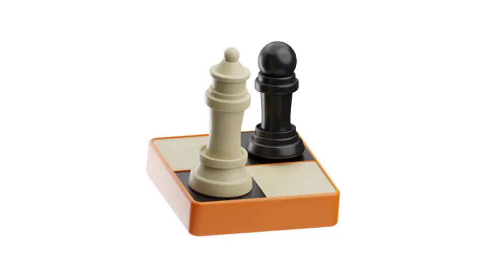 Two chess pieces, a white queen and a black pawn, positioned on a small orange-and-white chessboard, symbolizing strategic planning and decision-making.