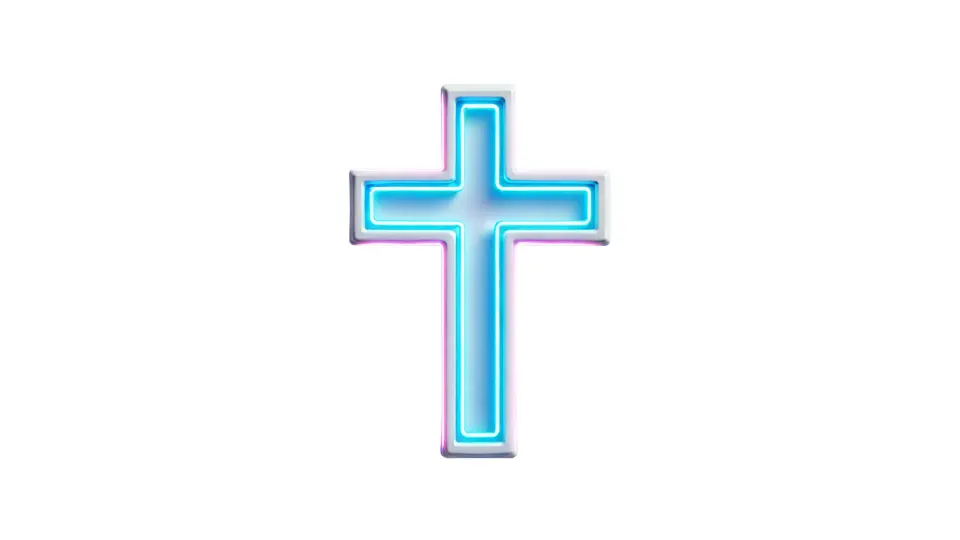 Blue neon cross symbolizing the blend of tradition and modern digital aesthetics, echoing themes of functionality and visual appeal in UX design.