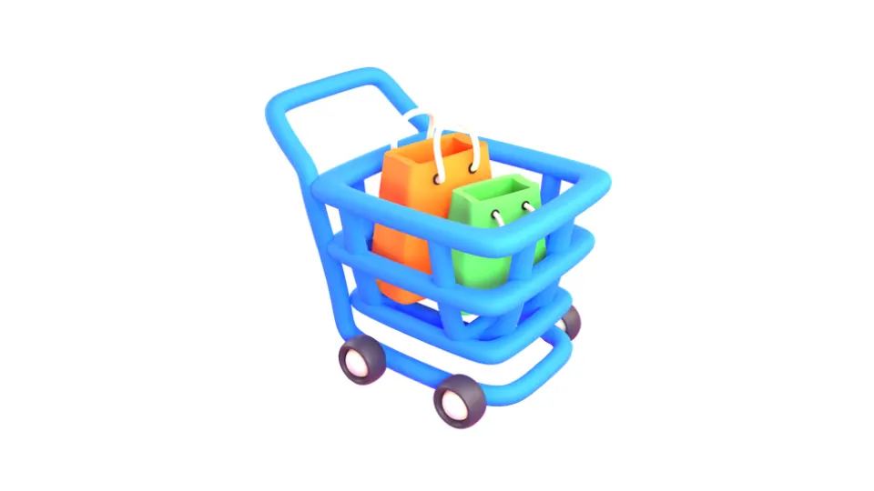 Shopping cart icon with bags, highlighting e-commerce technical pillars for small businesses.