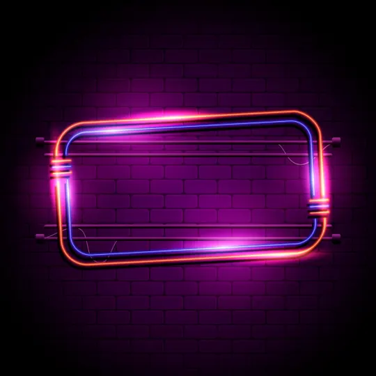 Pink and blue neon rectangular frame glowing on a dark brick wall
