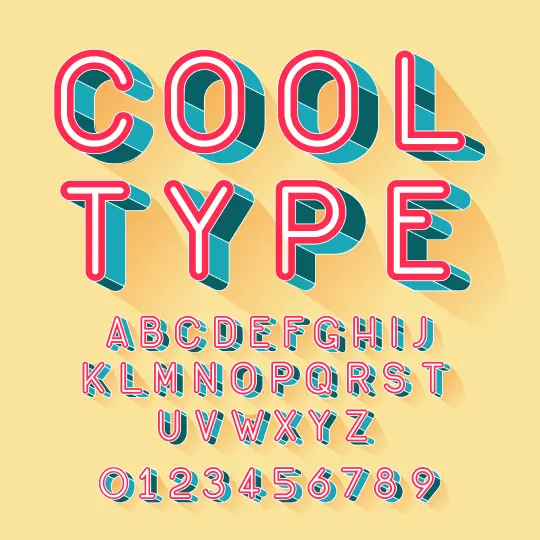 Specimen of a 3D retro font titled COOL TYPE in pink, white, and teal letters