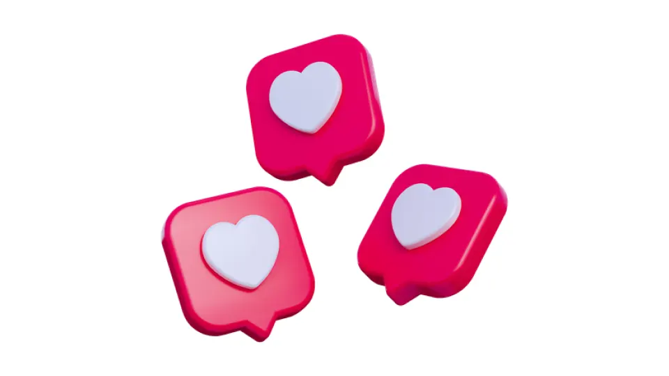 Three pink speech-bubble icons with white hearts, symbolizing social media likes