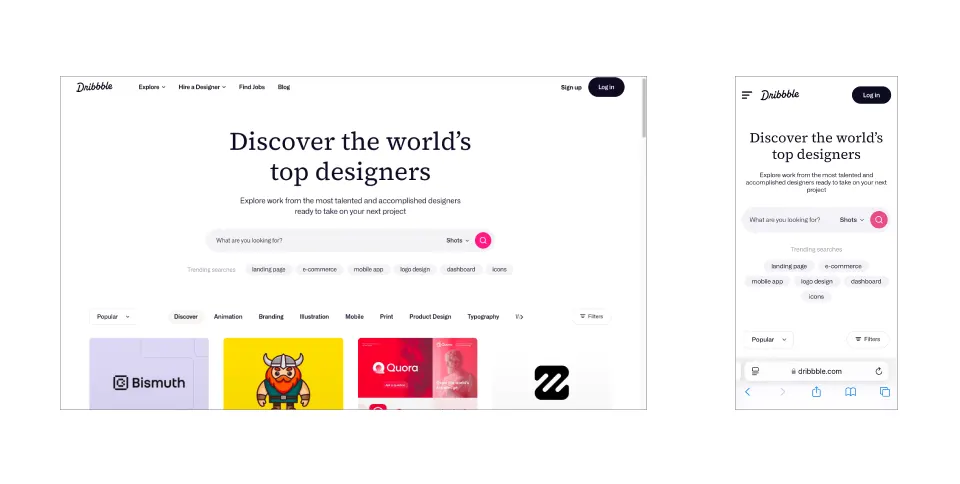 Dribbble homepage comparing desktop and mobile responsive layouts