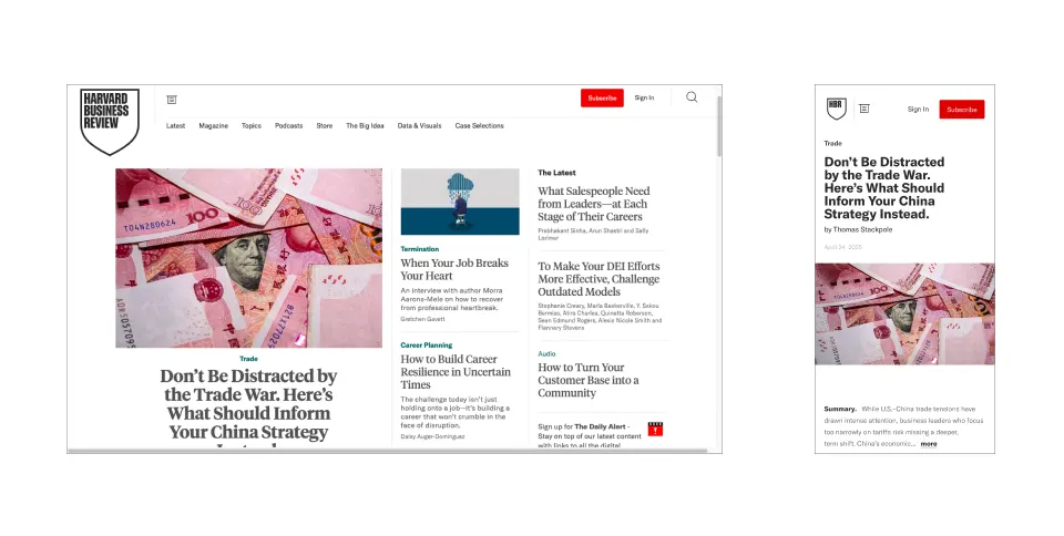 Harvard Business Review homepage shown side by side on desktop and mobile
