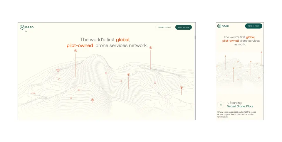 RAAD drone services website mockup in desktop and mobile layouts with topographic map hero