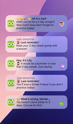 Stack of insistent Duolingo push notifications urging the user not to break a streak