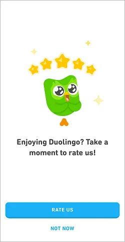 Duolingo rate-us popup with green owl under five stars and RATE US and NOT NOW buttons