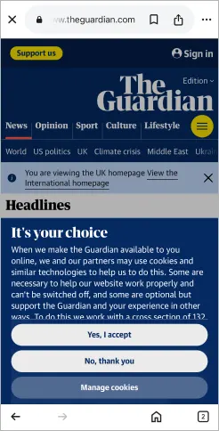 The Guardian mobile site covered by a blue cookie consent banner titled It's your choice