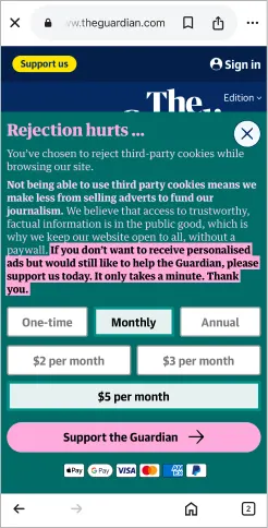 The Guardian mobile fundraising popup titled Rejection hurts after declining cookies