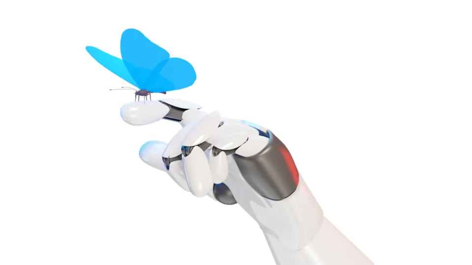 AI-assisted hand holds butterfly—symbol of creativity that still needs a human touch to fly.