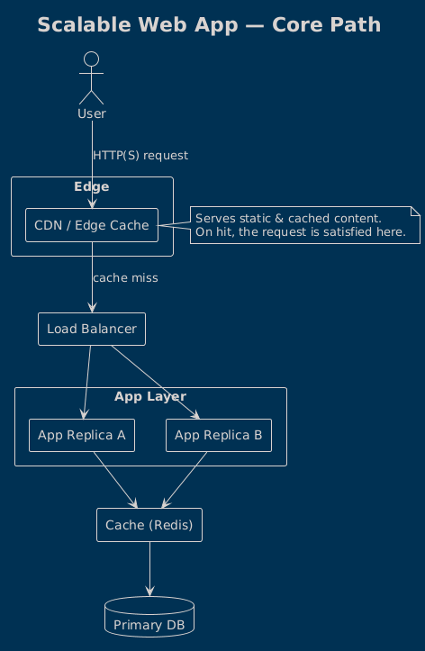 Architecture diagram of a scalable web app: user to CDN edge, load balancer, app replicas, Redis cache, and primary database
